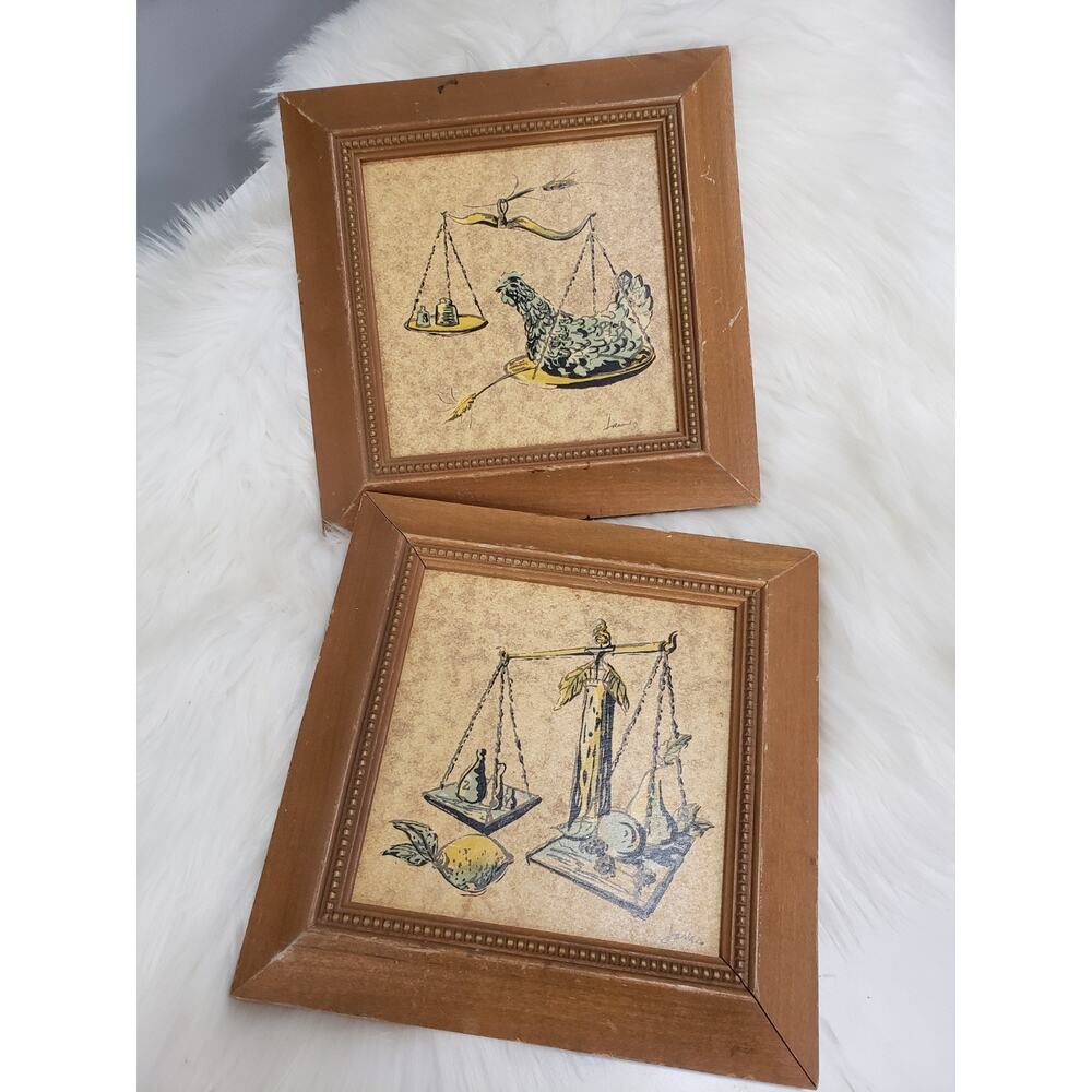 Vintage Framed Lambert MCM Pair Of Scale Picture Kitchen Retro Hen Rooster Decor